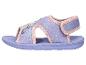 Paarse en roze kindersandaal met eenhoorn- en sneeuwvlokkenprint.