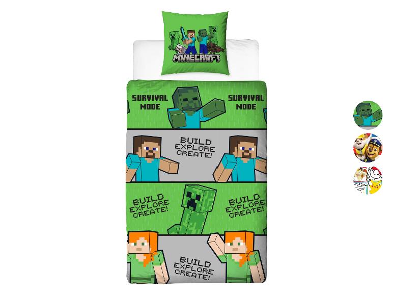 Groen Minecraft-dekbedovertrekset, met de tekst 'SURVIVAL MODE' en 'BUILD EXPLORE CREATE!'.