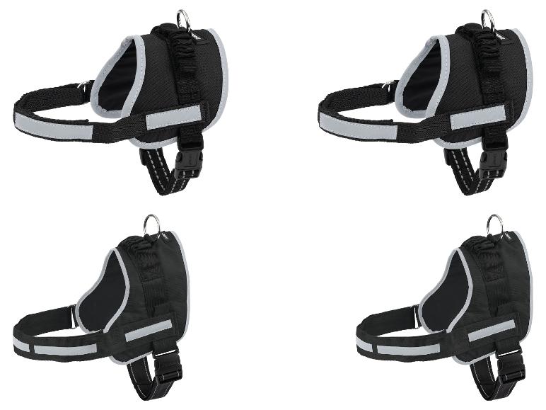 Vier zwarte hondentuigen met reflecterende details.