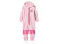 Roze baby jumpsuit met capuchon, regenboogprint en donkerroze accenten