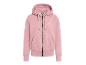 Roze hoodie met rits en zakken.