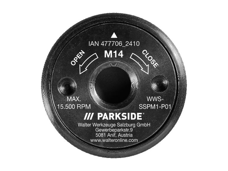 Parkside M14 accessoire: bevestigingsonderdeel met open/dicht aanwijzingen.