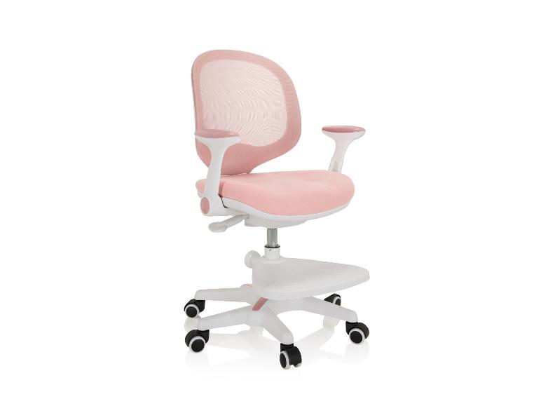 Roze kinderbureaustoel met mesh rugleuning en voetensteun.