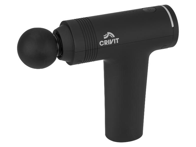Zwart massagepistool met ronde kop en wit logo