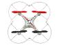 Witte drone met rode en zwarte propellers en beschermframe.