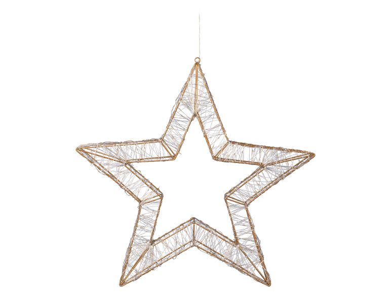 Stervormige decoratie van gouden en witte draden op een zwarte achtergrond.