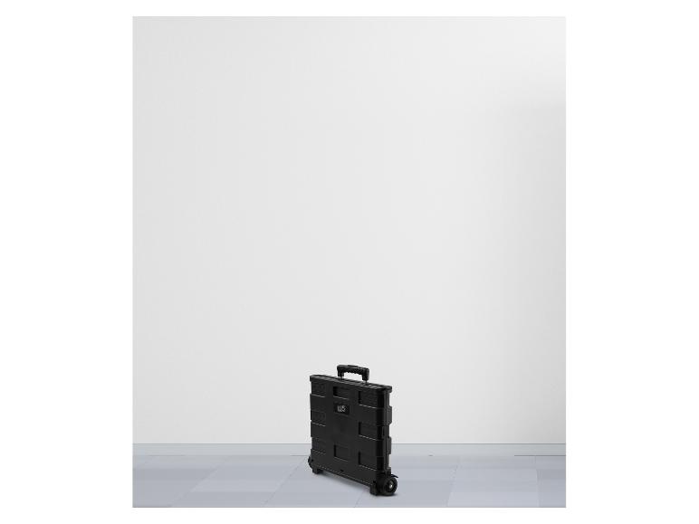 Zwarte opvouwbare boodschappenkar met wielen op een witte achtergrond.