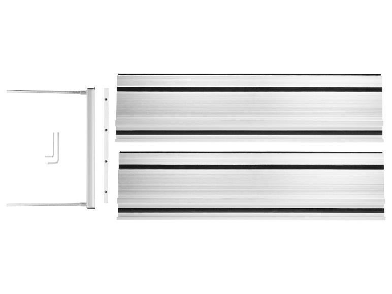 Twee aluminium geleiderails met accessoires op een witte achtergrond.