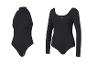 Twee zwarte body's, een met lange mouwen en een met hoge hals.