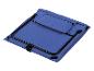 Blauwe opvouwbare stoel met zwart metalen frame en ritsvak.
