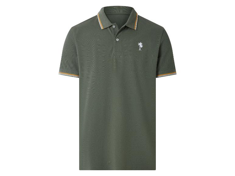 Olijfgroen poloshirt met gestreepte kraag en mouwboorden, met een witte palmboom borduursel.