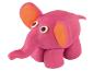 Een roze play-doh olifant met oranje oren en zwart-witte ogen.
