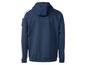 Een donkerblauwe hoodie met witte strepen.