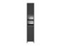 Donkergrijze smalle hoge kast met open en gesloten planken, met lichte houtdetails.