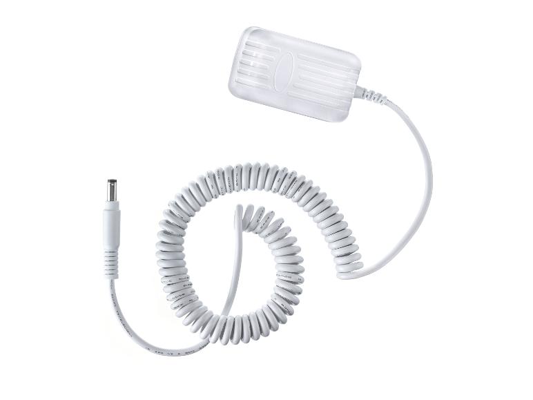 Witte oplader met spiraalkabel en DC-stekker.