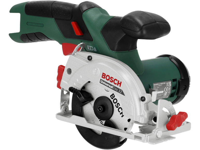 Accu-cirkelzaag met zilveren beschermkap and rode knoppen