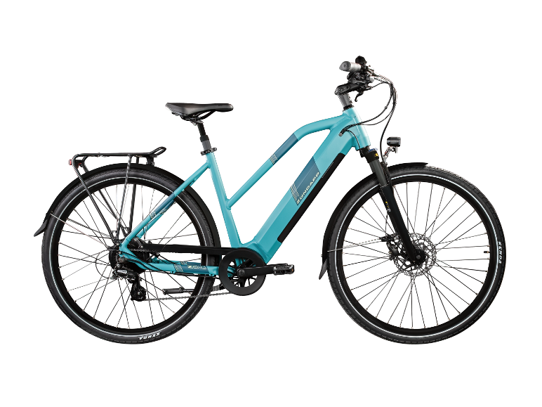 Een turquoise Zündapp elektrische fiets met bagagedrager.