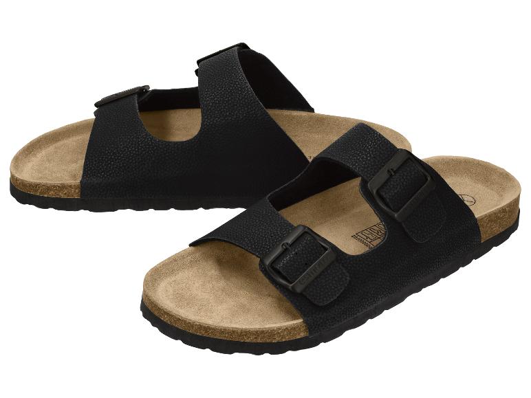 Zwarte sandalen met twee banden en gespen, met een kurken zool.