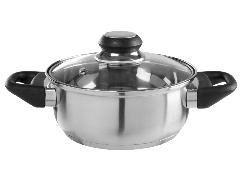 Een roestvrijstalen pan met glazen deksel.