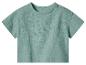 Mintgroen katoenen T-shirt met korte mouwen en houten knopen op de schouder.