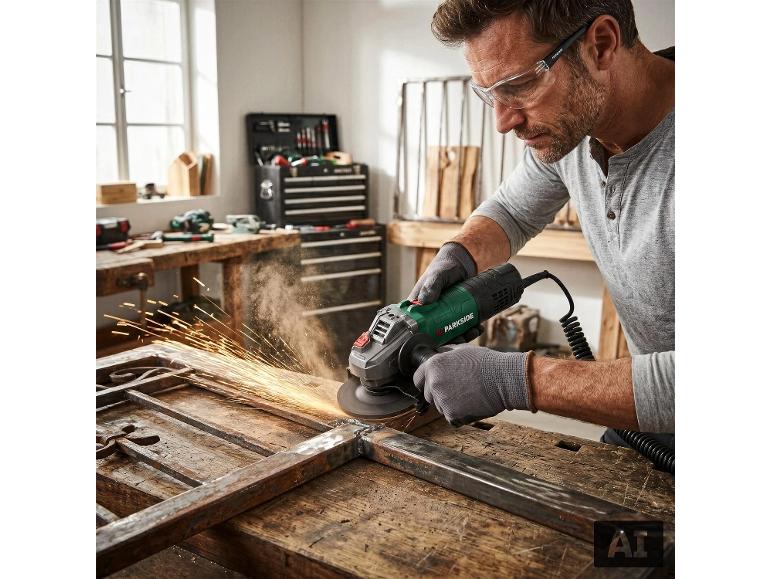 Man slijpt een metalen frame met een haakse slijper, vonken vliegen in de werkplaats.