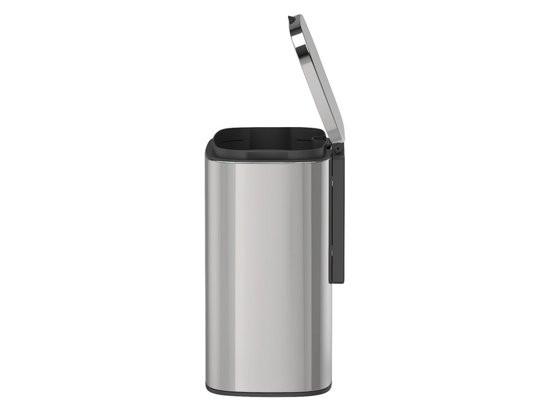 Een zilverkleurige vuilnisbak met een open deksel.