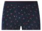 Marineblauwe boxershort voor heren met rood kersenpatroon en rood gestreepte tailleband.