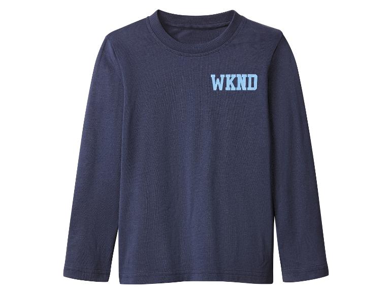 Donkerblauw T-shirt met lange mouwen en de tekst „WKND” op de borst.