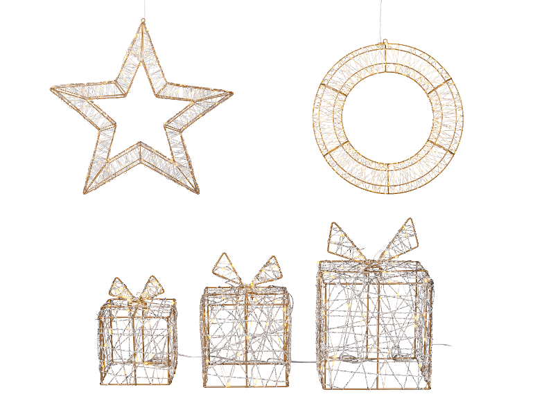 Lichtgevende kerstdecoraties in de vorm van een ster, krans en cadeaus.