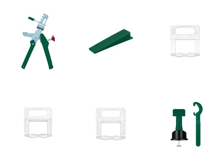 Een set gereedschappen en afstandhouders voor het nivelleren van tegels.