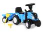 Blauwe kinderspeelgoedtractor met aanhanger en schep.