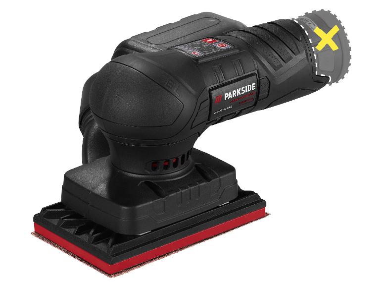 Zwarte Parkside Performance schuurmachine met een rode schuurzool.