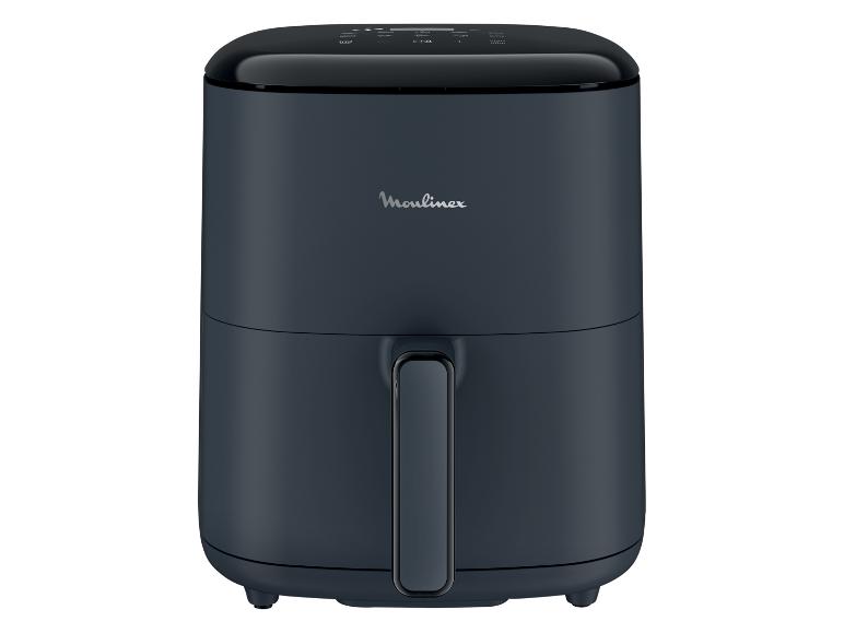Donkerblauwe heteluchtfriteuse met een zwart bedieningspaneel bovenaan.