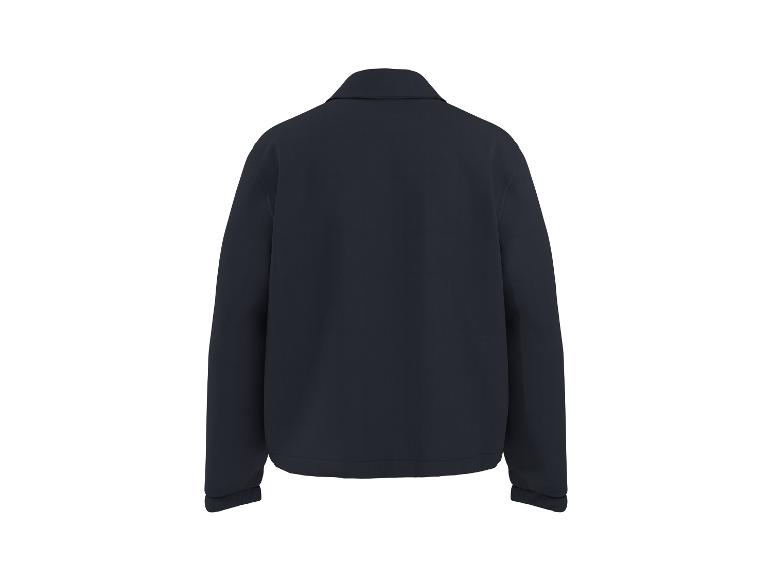 Donkerblauwe herenjas met kraag, achteraanzicht.