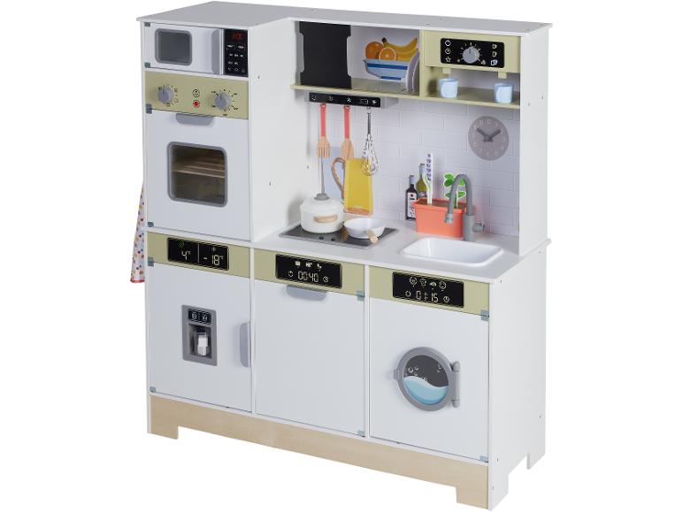 Witte houten speelkeuken met oven, magnetron, vaatwasser en wasmachine.