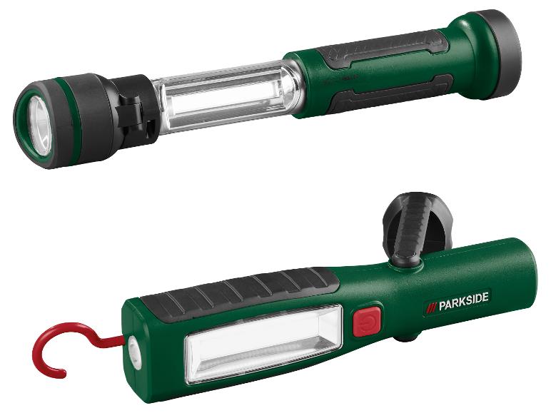 Twee Parkside werklampen, één staafmodel en één met haak en magnetische basis.