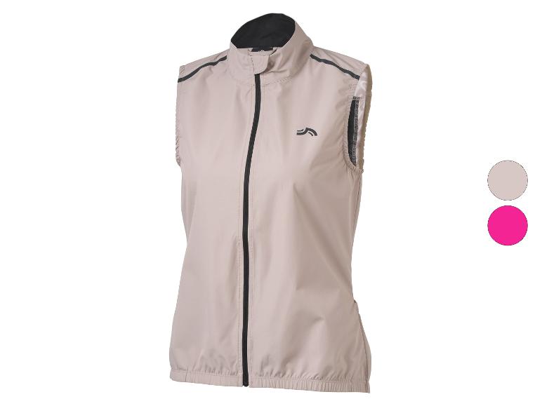 Beige sportvest met zwarte rits en details, met kleurstalen.