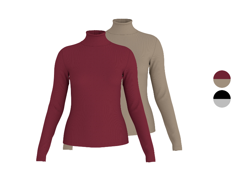 Twee geribbelde coltruien voor dames in bordeaux en beige, met kleurstalen.