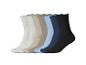 Zeven paar geribbelde sokken in diverse kleuren: wit, beige, bruin, lichtblauw, donkerblauw en zwart.