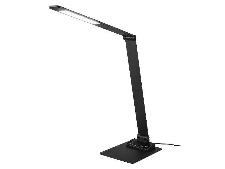 Zwarte LED-bureaulamp met verstelbare arm en aanraakbedieningspaneel op de voet.