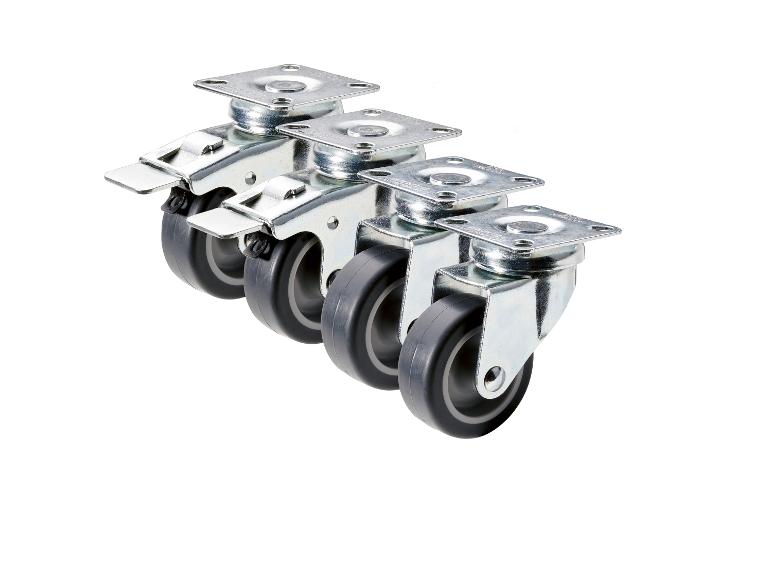 Drie wielen van verschillende grootte met rem, in een rij.