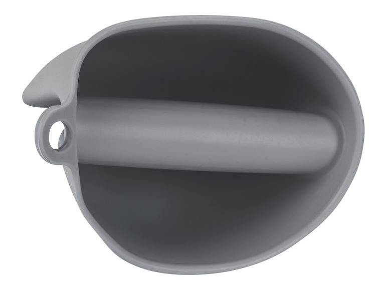 Een grijze siliconen ovenwant met handvat