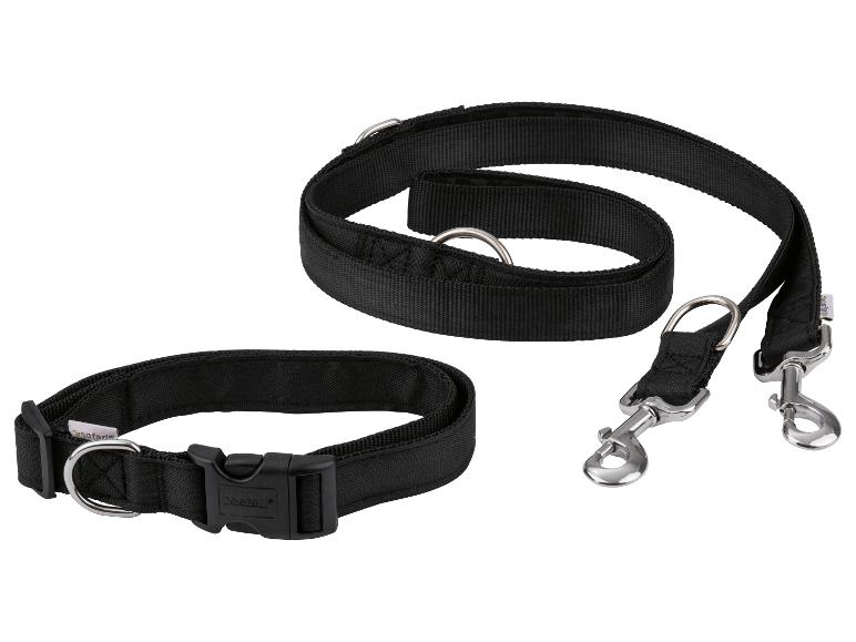 Zwarte halsband en riem voor honden met metalen sluitingen.
