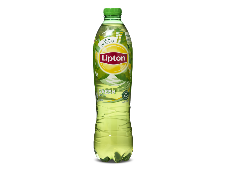Groene ijsthee, laag in suiker, in een fles van 100% gerecycled plastic.