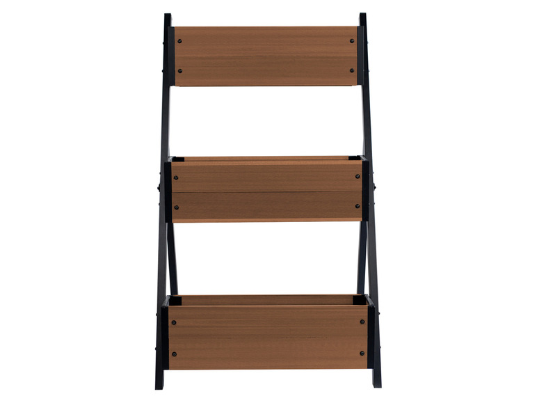 Een houten plantenstandaard met drie planken