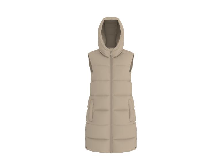 Beige lange gewatteerde bodywarmer met capuchon en rits.