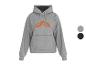 Grijze hoodie met een oranje patroon op de borst, met kleuropties.