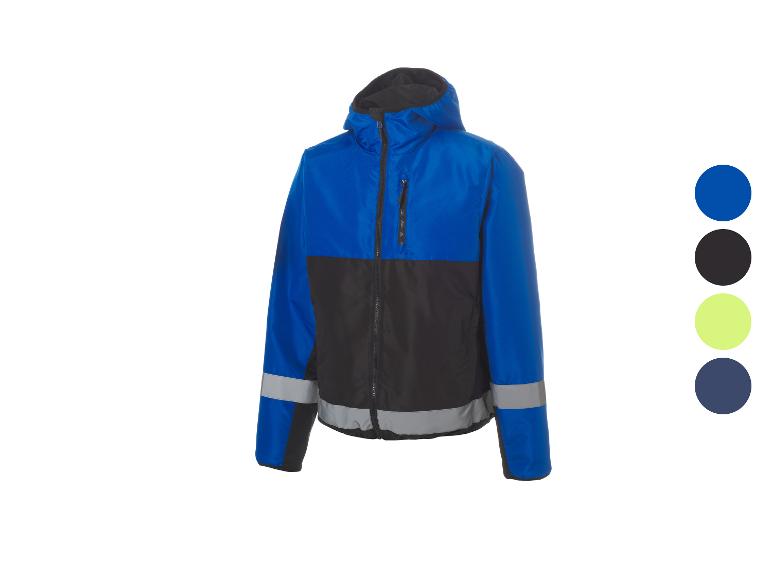 Tweekleurig blauw en zwart werkjack met reflecterende strepen en capuchon