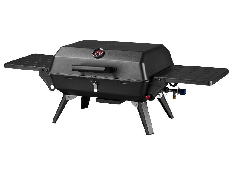 Zwarte draagbare gasbarbecue met zijtafels en thermometer.