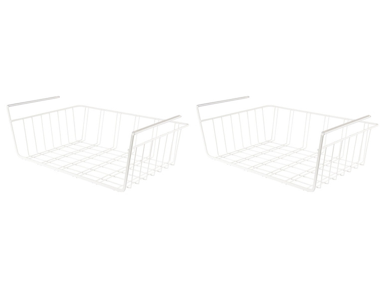 Twee witte draadmanden met handvatten voor onder een plank.